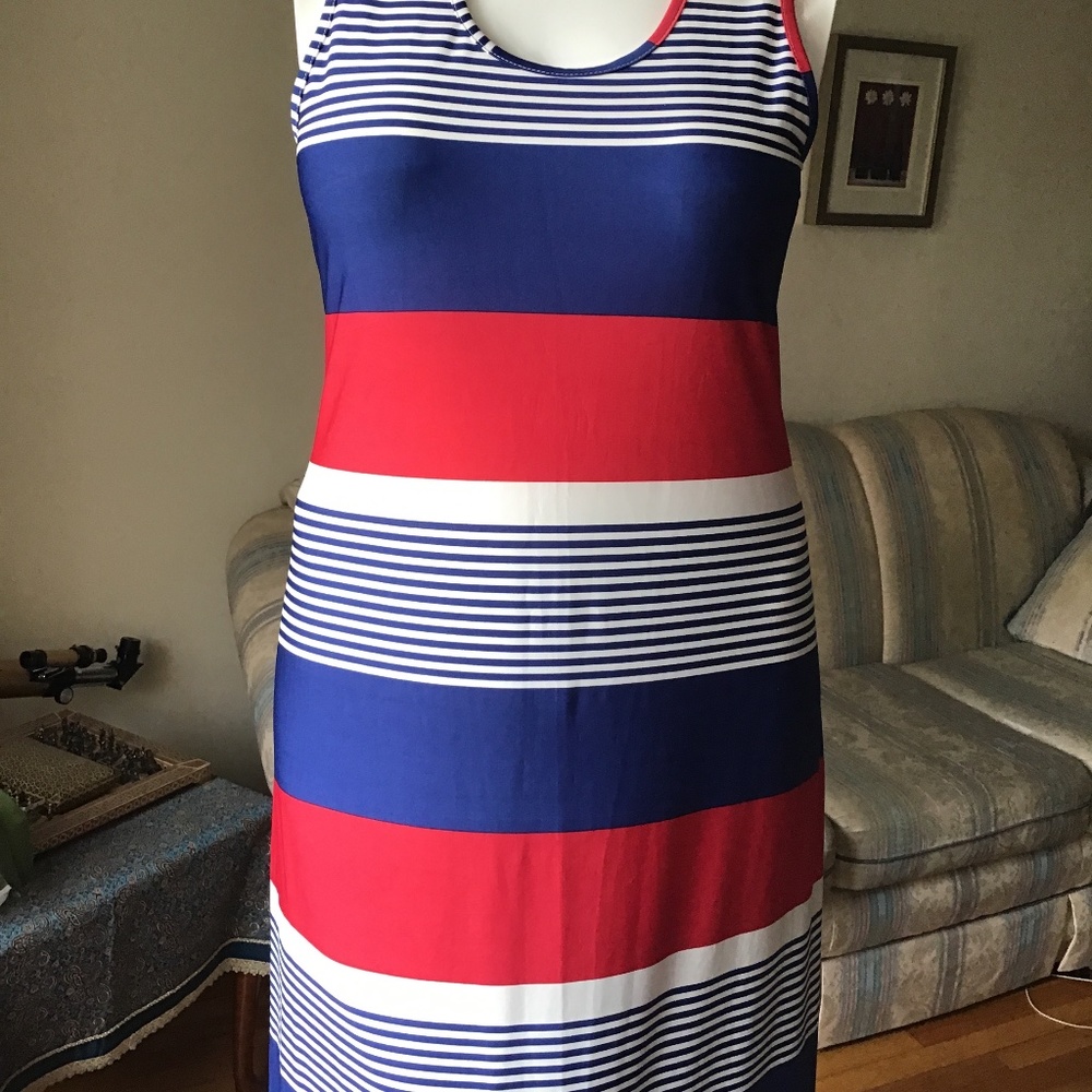 Charlie Paige Red, Blue & White Striped Maxi Dress